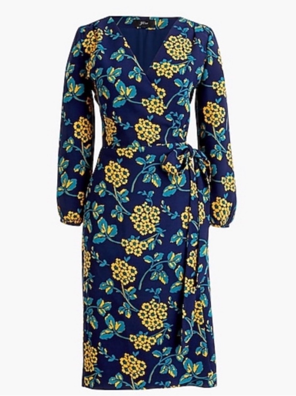 J. Crew 6 Golden Floral Wrap Dress in 365 Crepe Navy Blue Yellow - Picture 3 of 8